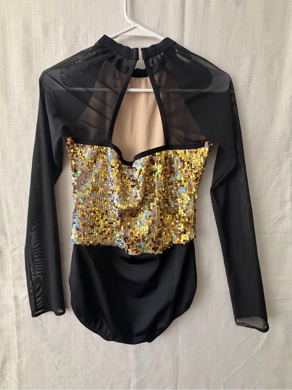 Weissman Gold Sequin Black Mesh Long Sleeve Leotard Size MA Excellent (A642) - Picture 6 of 11
